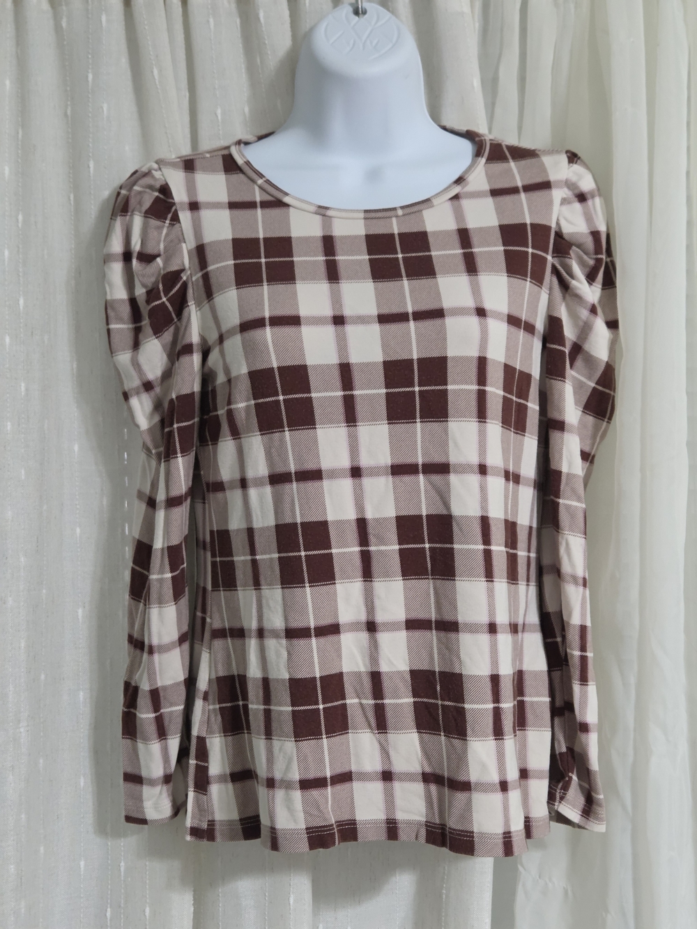 Ann Taylor Factory Plaid Long-Sleeve Women's Top - Cream and Brown